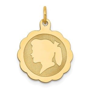 14k Yellow Gold Girl Head on .009 Gauge Engraveable Scalloped Disc Charm